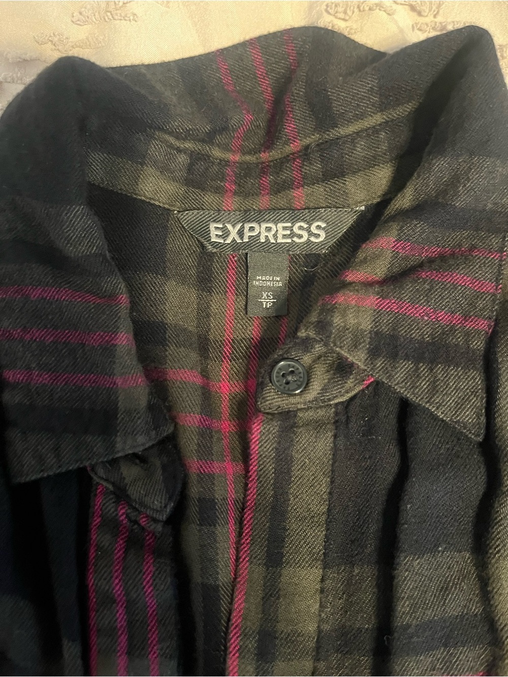 Express Black Plaid Jean Jacket with Pink Stripes